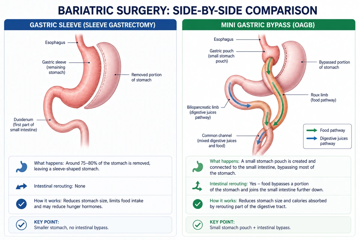 Side-by-side diagram comparing gastric sleeve and mini gastric bypass